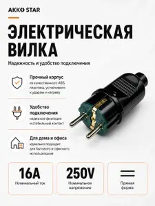 Вилка электрическая штепсельная с заземлением, прямая, разборная, 16А 250В, IP20, черная, AKKO STAR