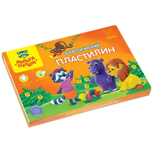 Пластилин для школы Мульти-Пульти "Приключения Енота", 16 цветов, 320г, со стеком, картон
