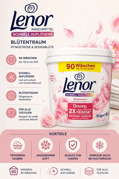 Стиральный порошок автомат Lenor Blütentraum 10 кг, аромат цветов, глубокое очищение, до 90 стирок