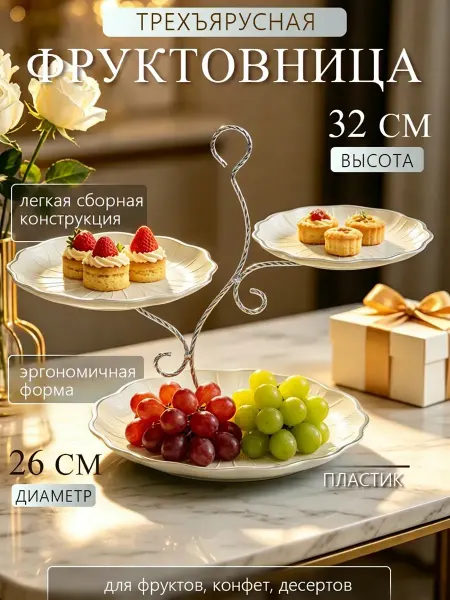 Aikenn Фруктовница трехъярусная этажерка пластиковая