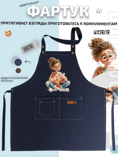 FashionJeans Фартук Девушка в очках со смартфоном сидит