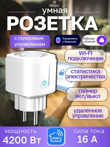 Умная розетка с голосовым управлением мониторингом Tuya Smart Life с Алисой 16А