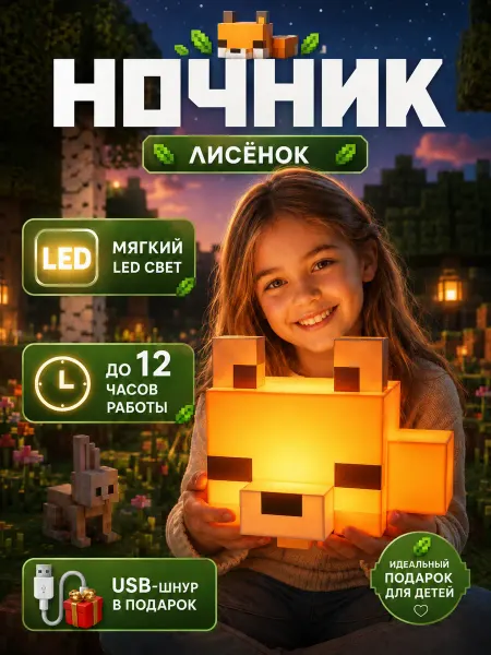 Ночник Лиса из Minecraft игровой светильник 16 см