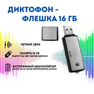 Цифровой аудио мини диктофон для записи голоса и разговоров + USB флешка 16 ГБ voice recorder