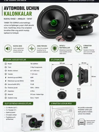 Автомобильные колонки TANBX TB-610MAX, 2 шт., 16 см