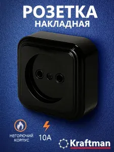 Розетка накладная наружной установки, одноместная, без заземления RA 16-131-Ч, пластик АВС, 250В, 16А, IP20, черный