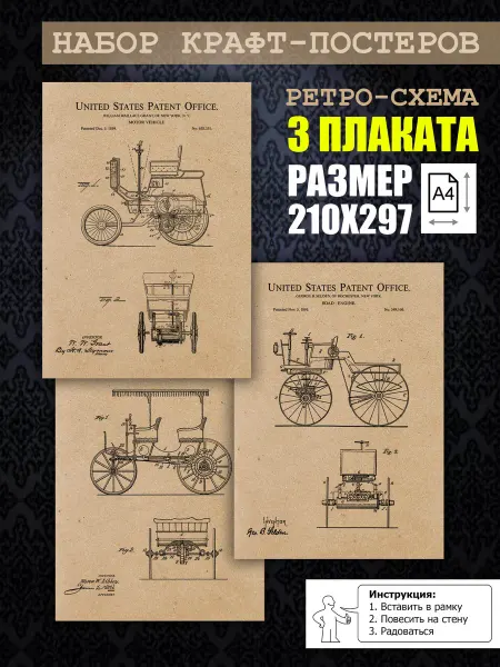 Нет бренда Постер ретро патенты Ранние автомобили, А4 (21х29) 3 шт