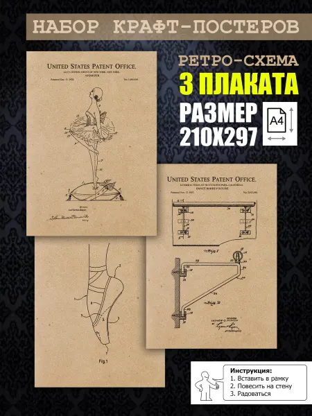 Нет бренда Постер ретро Балет винтаж, А4 (21х29) 3 шт