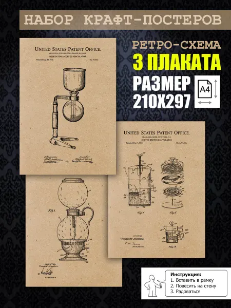 Нет бренда Постер ретро Кофеварки винтаж, А4 (21х29) 3 шт