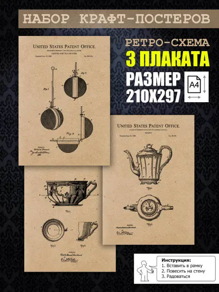 Нет бренда Постер ретро патенты Винтажный чай, А4 (21х29) 3 шт