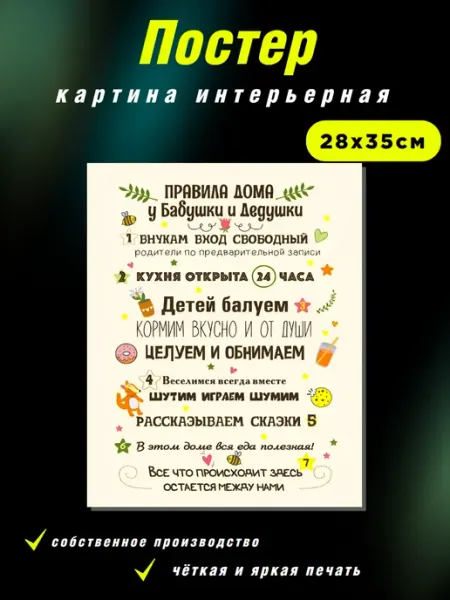 Интерьерные Решения Картина на холсте«Правила дома у Бабушки и Дедушки» 28х35см
