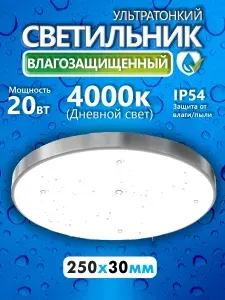 Светильник потолочный настенный накладной 20Вт, 230В 1600лм, 4000К, IP54 250х30мм, круг серебро, полипропилен, монтажная платформа в комплекте