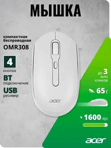 Мышь беспроводная Acer OMR308 белый (1600dpi) USB (4 кнопки)