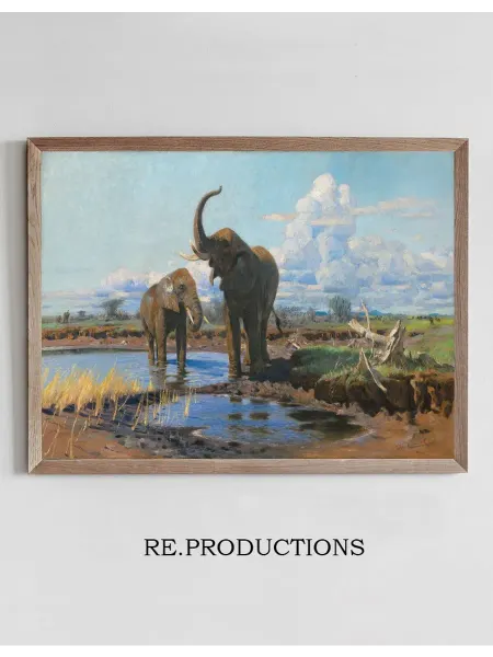 Re.productions Постер Elephants at a waterhole - Wilhelm Kuhnert
