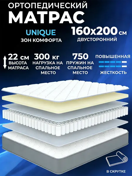 Матрас 160х200 ортопедический беспружинный на кровать диван