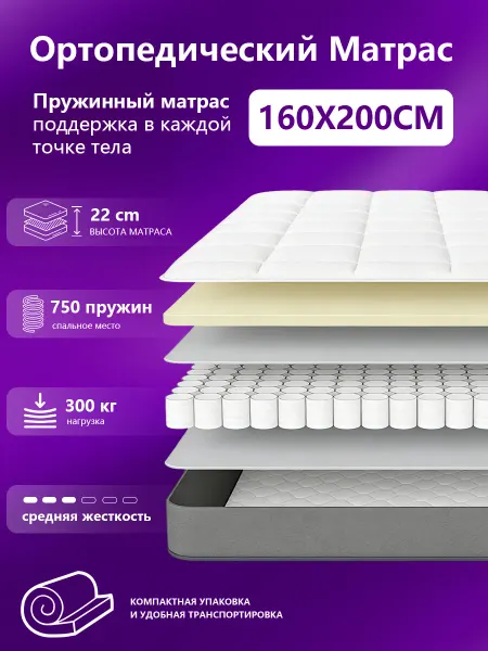Матрас ортопедический 160х200см на кровать и диван пружинный