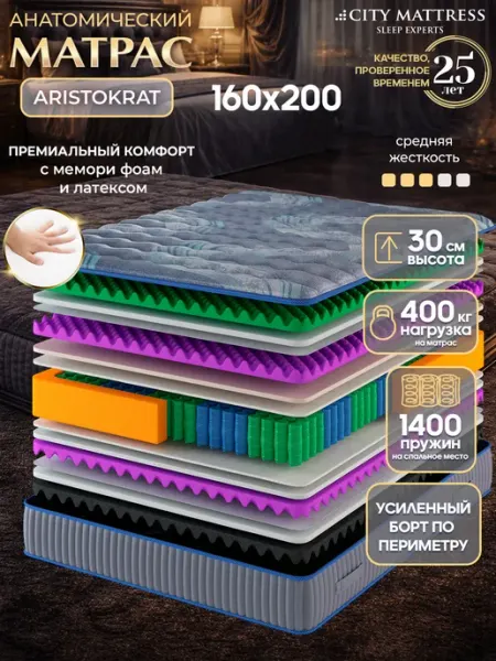 CITY Mattress Матрас 160х200 пружинный ортопедический на кровать