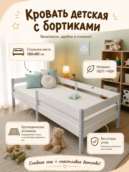 Kids City Кровать детская с бортиками 160х80см, ортопедическая