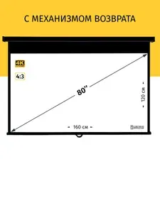 Экран для проектора с возвратным механизмом, Техно Лама, 160x120 см, формат 4:3, настенно-потолочный, цвет черно-белый, 80 дюймов