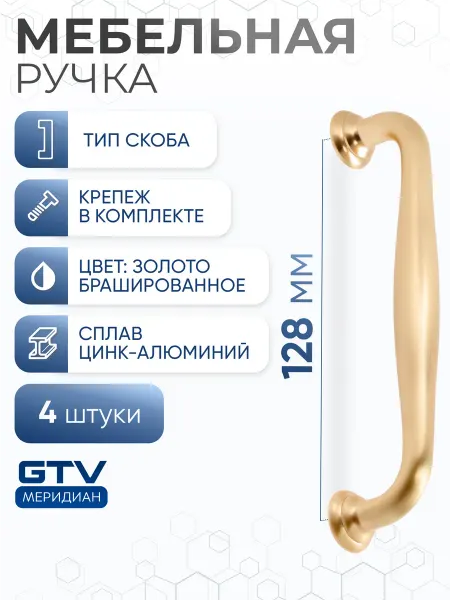 GTV Ручка мебельная скоба 128 мм STILO брашированное золото 4 шт