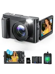 Цифровой фотоаппарат 4K 64МП, 16x оптический зум, 2 аккумулятора, 32 GB карта памяти microSD, черный