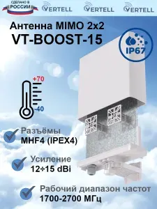 Антенна внешняя Vertell VT-BOOST-15 MIMO 2х2 13-15 dBi 1700-2700 МГц с размещением модема или роутера, герметичный корпус с внешним размером 237 х 74 х 235 мм