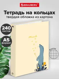 Тетрадь на кольцах А5 (175х215 мм), 240 листов, твердый картон, клетка, Brauberg, Miracle