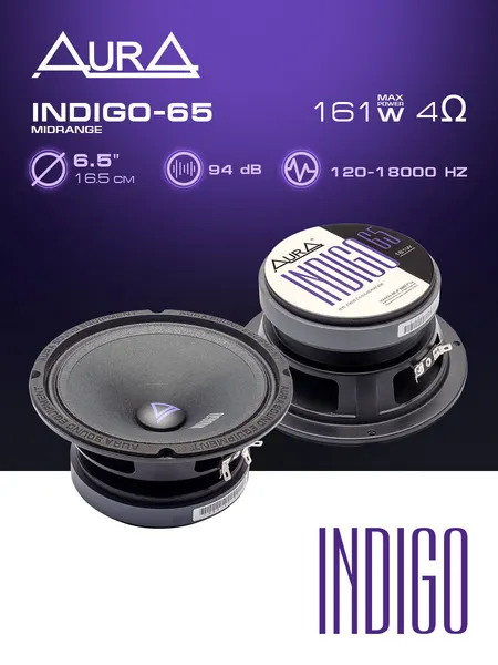 Колонки автомобильные эстрадная акустика AurA INDIGO-65, пассивные, эстрадные, 16,5 см, 81-161Вт, 94дБ, черные