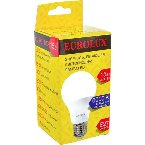 Лампа светодиодная LL-E-A60-15W-230-6K-E27 (груша 15Вт, холодный, Е27) Eurolux