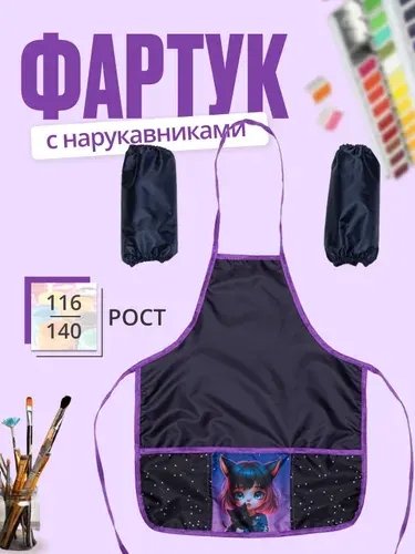 Фартук для рисования детский с нарукавниками и 3-мя карманами, ростовка 116 - 140 см. "Друзья навсегда" / фартук и нарукавники для девочек для труда и ИЗО 45x54 см