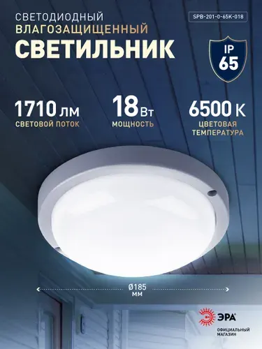 Светильник светодиодный влагозащищенный ЭРА SPB-201-0-65K-018 IP65 18Вт 6500К круглый