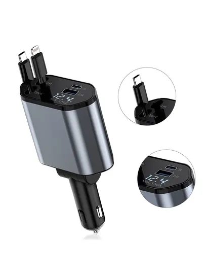 Автомобильная быстрая зарядка 4в1 с кабелями Type-C и iPhone, поворот 180°, 2.4A