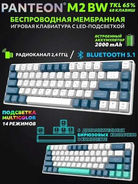 Игровая клавиатура PANTEON M2 BW White-Blue (154), TKL, RGB подсветкой, беспроводная