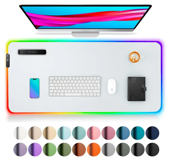 Коврик для мыши и клавиатуры с RGB подсветкой 40 см х 80 см , защитный, большой, водонепроницаемый, кожаный, белый