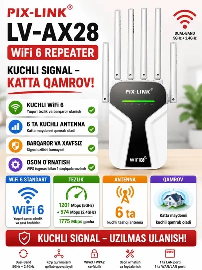 Усилитель Wi-Fi 6 сигнала Pix-Link LV-AX28 (Репитер / Роутер), 6 антенн, 1800 Мбит/с