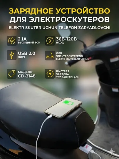 USB зарядное устройство CD-3148, для электровелосипеда и скутера 36–120В 2.1A