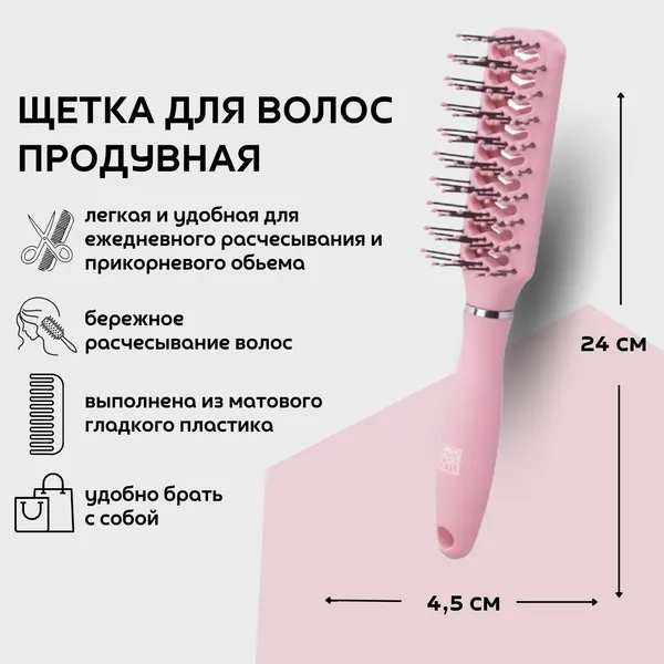 Dewal Beauty щетка продувная "Клубничная глазурь" с пластиковым штифтом, 4,5 x 24 х 3,5 см, пластик, цвет розовый (DBKG1)