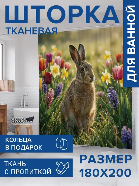 JoyArty Штора для ванной тканевая 180х200 "Кролик в цветах"