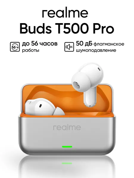 Наушники REALME Buds T500 Pro (RMA2502), беспроводные, серебристый