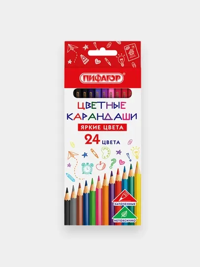 Карандаши цветные ПИФАГОР, 24 цвета, пластиковый шестигранный корпус, 182050