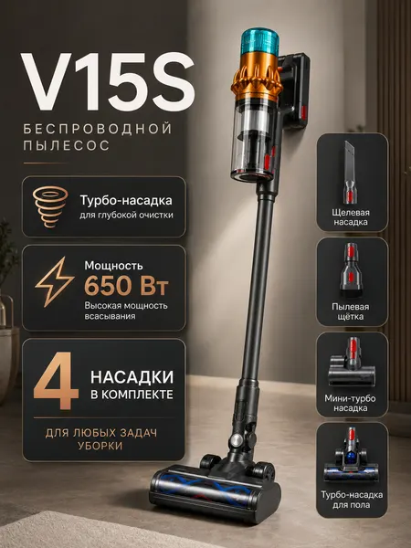 Пылесос V15s, вертикальный, беспроводной, 650Вт, сухая уборка