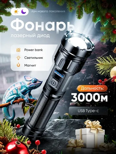 Ручной фонарь с ремешком и аккумулятором 18650, 7 режимов, функции PowerBank и магнит