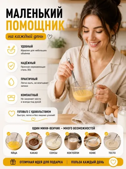 Мини венчик, 19 см, из нержавеющей стали 304, для яиц, кофе, соусов и теста