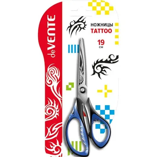 Ножницы 19 см "deVENTE. Tattoo" двухцветные прорезиненные кольца с лепестками / Ножницы для школы, офиса и дома