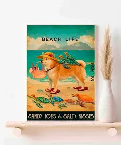 Сиба-ину, Beach Life 1960, Плакат Акварель А3 ( 30х42 см. )