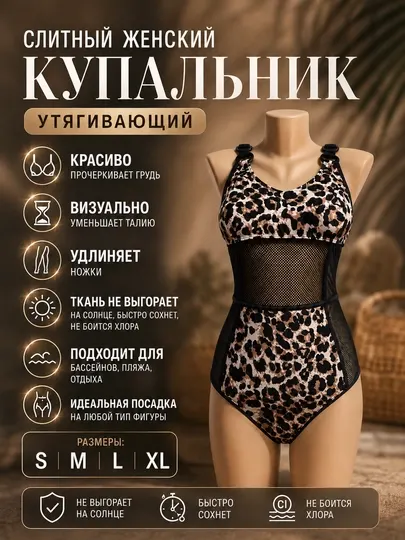 Купальник женский слитный утягивающий, леопардовый и черный