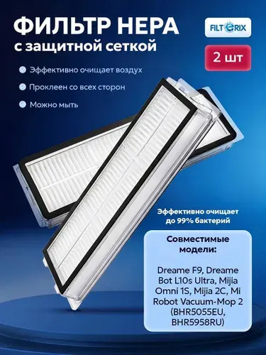 Комплект фильтров для робота пылесоса Xiaomi Mijia 1C 2C, Mi Robot Vacuum Mop (STYTJ01ZHM) Omni 1S, Mop 2 Ultra X10 S10 Plus Dreame F9, L10s Ultra / Prime Z10 Pro D10 Plus X10 Pro W10 - 2 шт