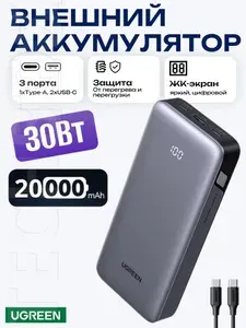Внешний аккумулятор Ugreen PB532 (55989) 20000mAh, PD30W, 2хType-C + 1хUSB-A, powerbank