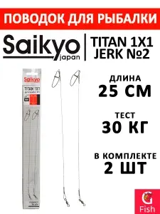 Поводок для рыбалки Saikyo Titan 1x1 Jerk №2 STOJ22530, 30кг/25см, 2 штуки в комплекте