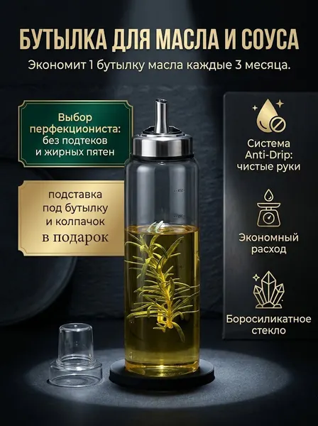 Бутылка для масла с дозатором стеклянная, емкость с крышкой 500 мл